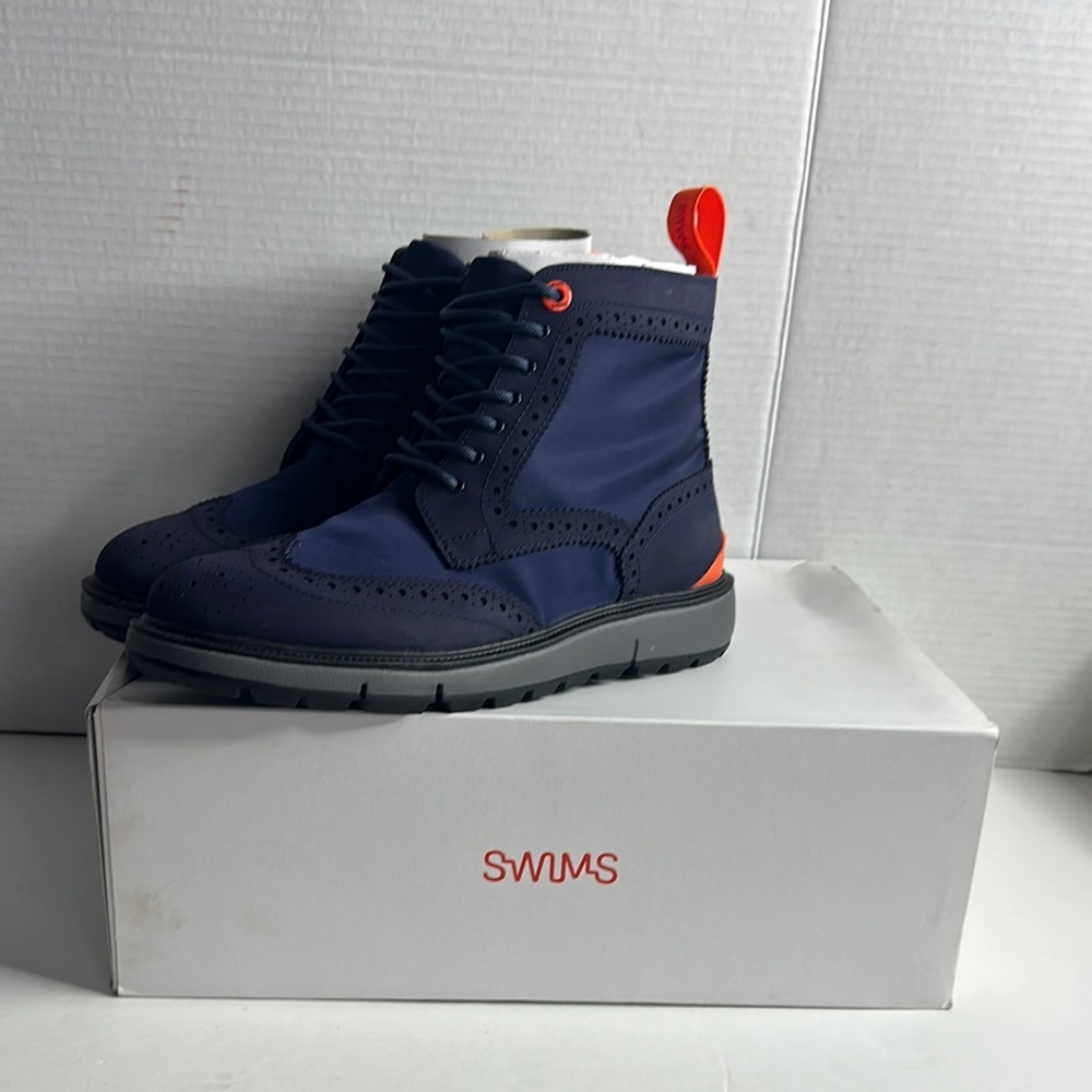 NIB Swims men’s Charles classic Navy Blue/Orange Ankle Boots with Lace-Up Design